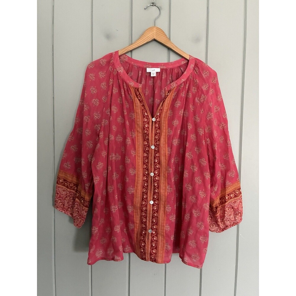 J. Jill Top XLP Petite Pink Voile Button Front Boho Paisley Medallion Button